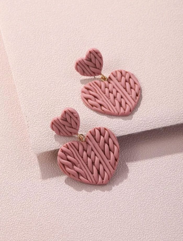 Aros Pendientes Forma De Corazón Simulación Textura Tejido - Imagen 6